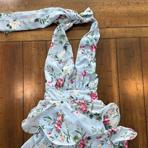 Lulu's Blue Floral Ruffle Halter Midi Dress - Picture 2 of 6